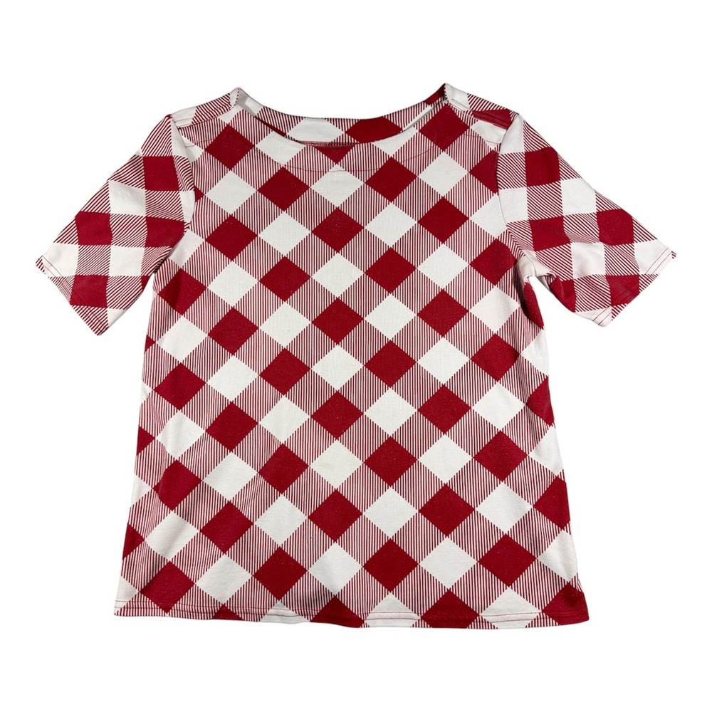 Blair Gingham Knit Top Womens Medium Red White Boatneck Short Sleeve B24884